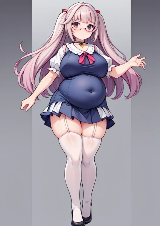 (masterpiece, best quality, highly detailed), 1girls, big belly, blurry background, huge belly, art by kipteitei, round belly, chubby, curvy, simple_background, gradient_background, belly grab, enormous belly, fat belly, thicc, bigger belly, really big belly, jiggly belly, shirt covering belly, belly cover by shirt, glasses, ((****ta)), casual clothes, skirt, thighhighs, ((full body)), long hair