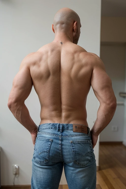 muscular manly man bald with beard, 45 years old, full body, with his back turned, naked blue white jeans.