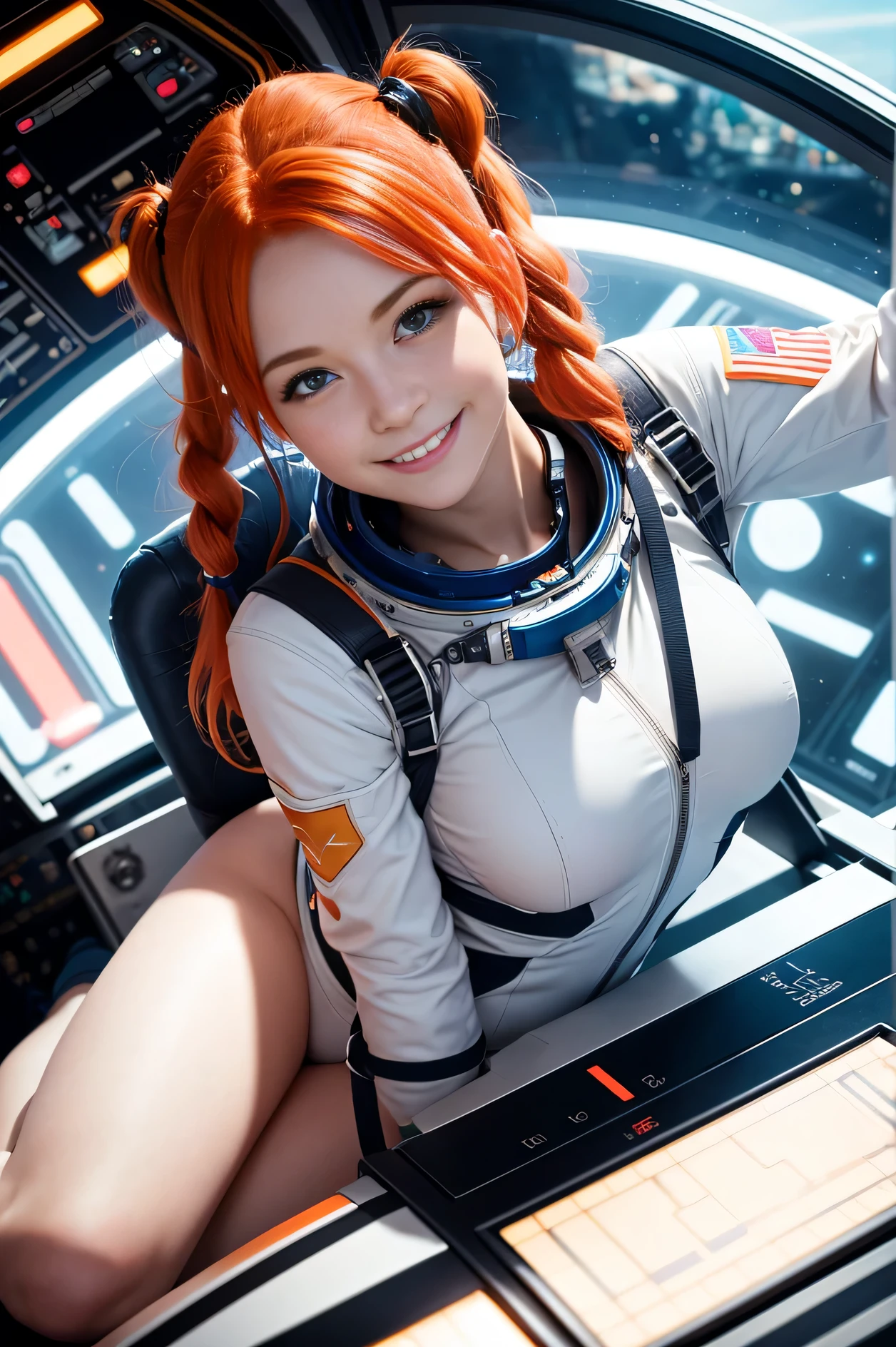 (overhead view) Cute redhead with rainbow colored hair tips, ribbons in her hair, 18-year-old woman, happy, smiling, in twin tails, perfect eyes, clear sparkling blue eyes, pale skin, silky smooth skin, flying a fancy metal luxurious space ship, futuristic cockpit, she's a pilot, outer space seen in windows, dark warm lighting, astronaut suit, anatomically correct, full body, sexy, bare bottom, Best quality, high detailed, Masterpiece, Cinematic Lighting, 4K