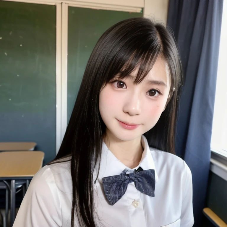 (kawaii 24 year-old Japanese girl, Nogizaka idol, Korean idol), (glossy black hair, random hair style:1.3), (extra rounded face, single eyelid, no makeup, soft smiling:1.2), (wearing Japanese school uniforms, collared shirt, school bow tie:1.3), (well shaped extra small breasts:1.2), (looking at viewer:1.2), BREAK, (classroom background, standing by the window:1.3), (dynamic angle, face focus:1.3), BREAK, (masterpiece, best quality, photo realistic, official art:1.4), (UHD, 8K quality wallpaper, high resolution, raw photo, film grain:1.2), (shiny skin), professional lighting, physically based rendering, award winning, (perfect anatomy, highly detailed skin, extremely detailed face and eyes, well drawn glittering pupils), Carl Zeiss 85 mm F/1.4, depth of field, 1girl, solo,