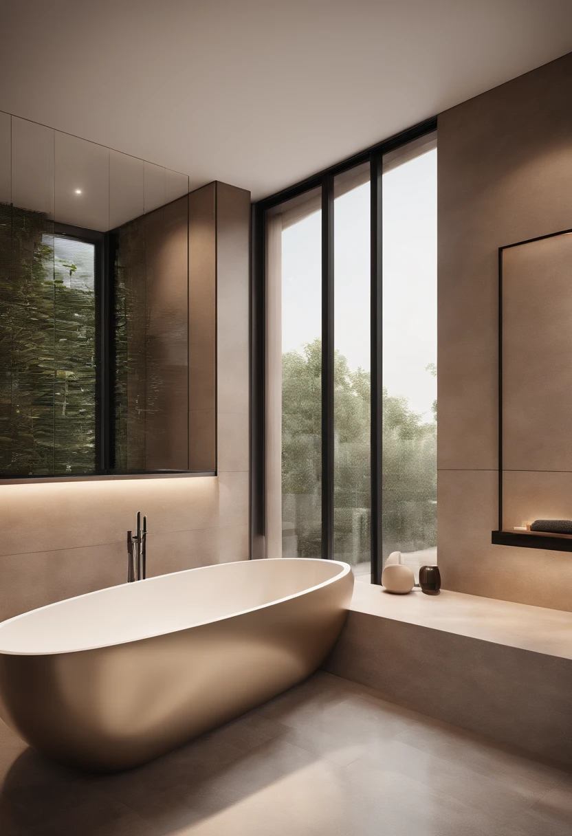 Professional 3d architecture rendering design of modern and minimal bathroom with bathtub beige color and ceiling lighting and modern windows 