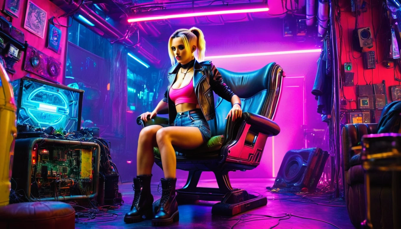 realistic, a futuristic cyberpunk hackerspace at night with many computer parts laying around, green and purple and yellow and pink neon and LED lights, a large dark red leather armchair standing in the middle of the room, on the chair sits a flat chested girl teasing the viewer, legs spread, dark blue worn down cutoff jeans miniskirt, dirty old black leather SAS boots, torn olive tank top, undressing her very worn black leather jacket, blonde hair with a slight pink undercut