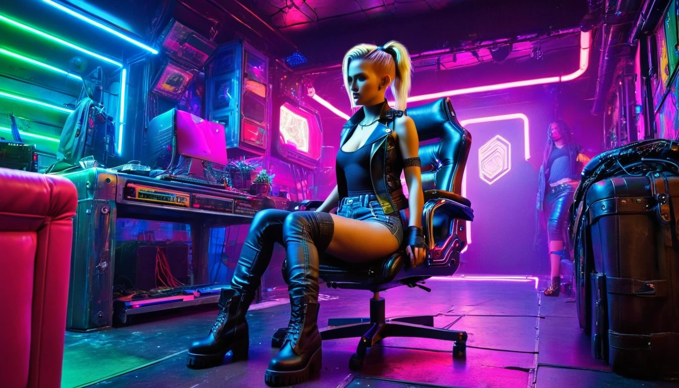 realistic, a futuristic cyberpunk hackerspace at night with many computer parts laying around, green and purple and yellow and pink neon and LED lights, a large dark red leather armchair standing in the middle of the room, on the chair sits a flat chested girl teasing the viewer, legs spread, dark blue worn down cutoff jeans miniskirt, dirty old black leather SAS boots, torn olive tank top, undressing her very worn black leather jacket, blonde hair with a slight pink undercut