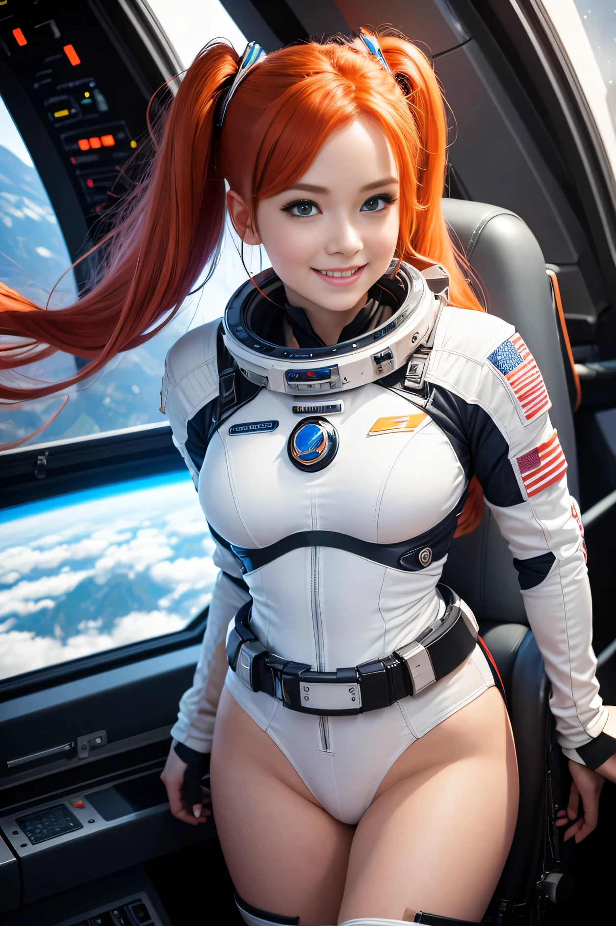 (overhead view) Cute redhead with rainbow colored hair tips, ribbons in her hair, 18-year-old woman, happy, smiling, in twin tails, perfect eyes, clear sparkling blue eyes, pale skin, silky smooth skin, flying a fancy metal luxurious space ship, futuristic cockpit, she's a pilot, outer space seen in windows, dark warm lighting, futuristic astronaut suit, anatomically correct, full body, sexy, bare bottom, Best quality, high detailed, Masterpiece, Cinematic Lighting, 4K