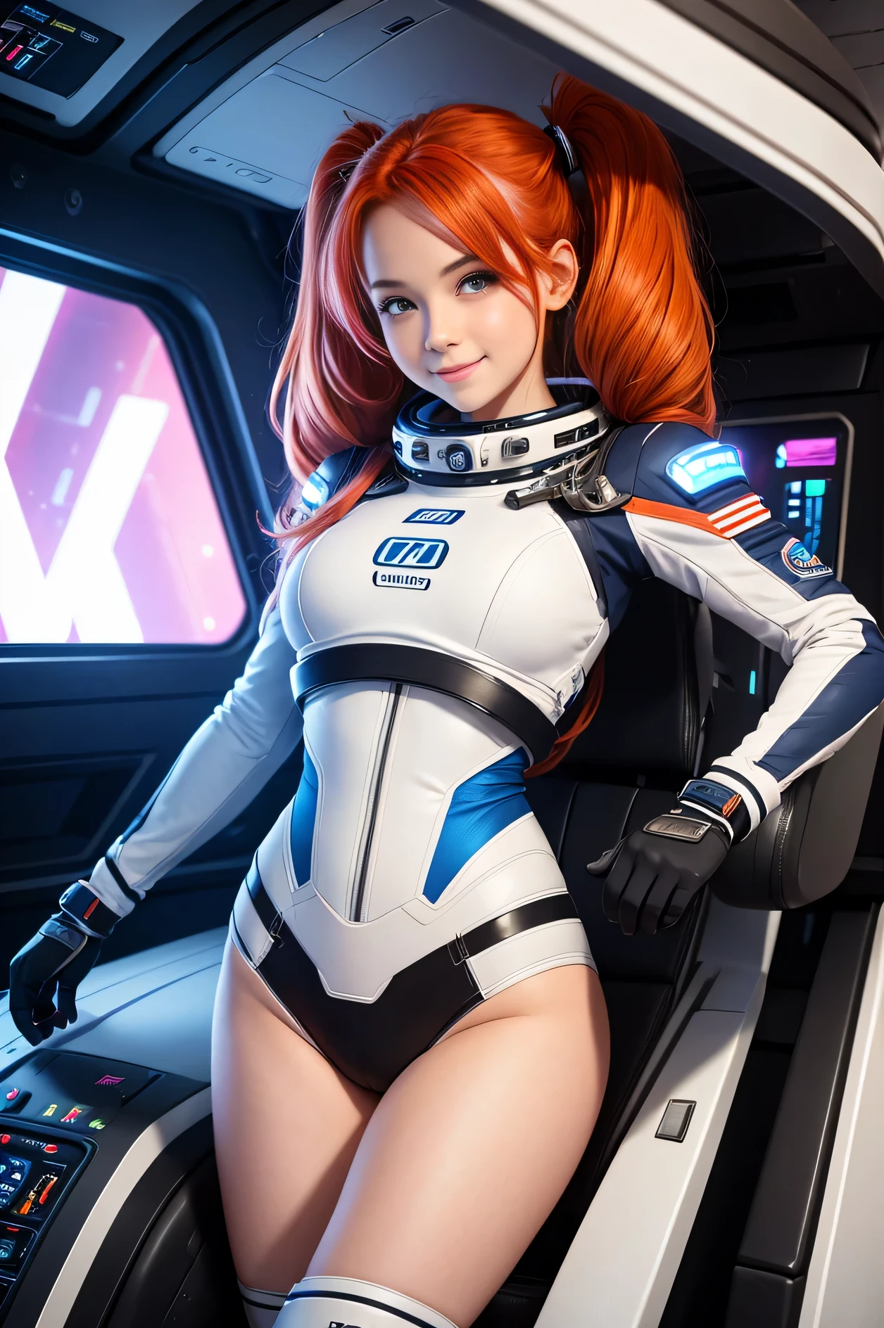 (overhead view) Cute redhead with rainbow colored hair tips, ribbons in her hair, 18-year-old woman, happy, smiling, in twin tails, perfect eyes, clear sparkling blue eyes, pale skin, silky smooth skin, flying a fancy metal luxurious space ship, futuristic cockpit, she's a pilot, outer space seen in windows, dark warm lighting, futuristic astronaut suit, anatomically correct, full body, sexy, bare bottom, Best quality, high detailed, Masterpiece, Cinematic Lighting, 4K