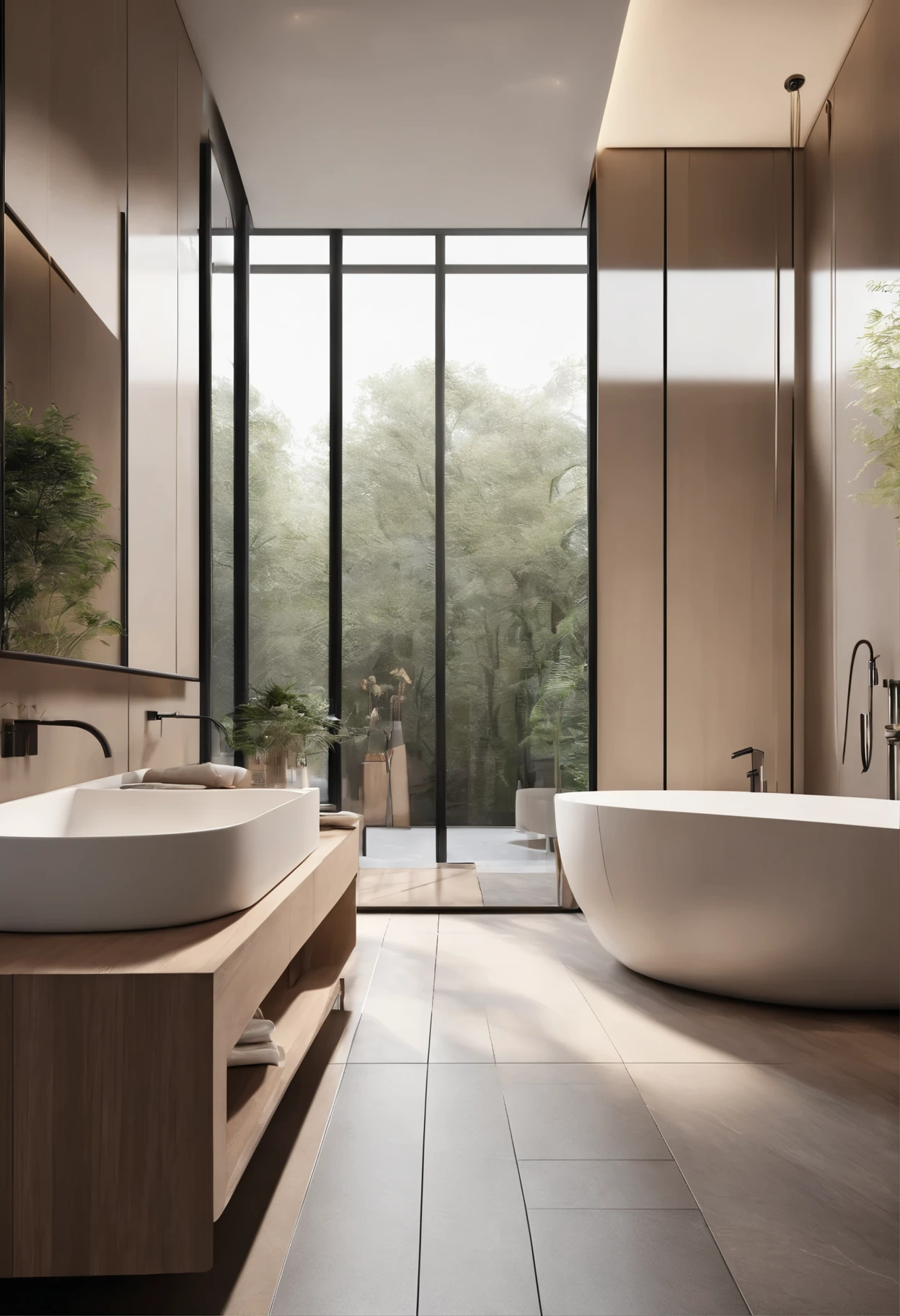 Professional 3d architecture rendering design of modern and minimal bathroom with bathtub beige color and ceiling lighting and modern windows