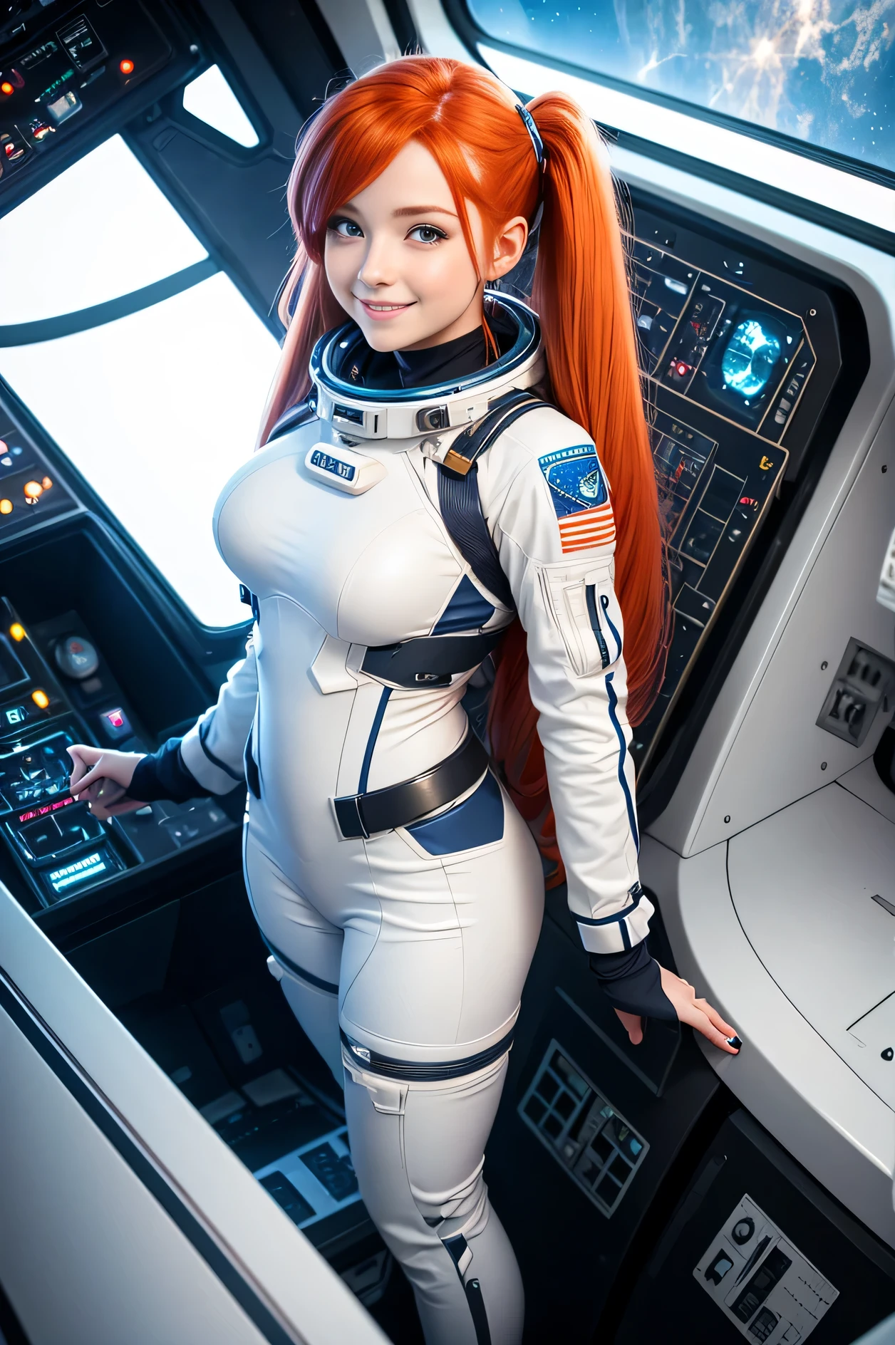 (overhead view) (NSFW) Cute redhead with rainbow colored hair tips, ribbons in her hair, 18-year-old woman, happy, smiling, in twin tails, perfect eyes, clear sparkling blue eyes, very pale skin, silky smooth white skin, flying a fancy metal luxurious space ship, futuristic cockpit, she's a pilot, outer space seen in windows, dark warm lighting, ((naked body: 1.6)), (pastel rainbow colors), (pantyhose, stockings: 1.2).