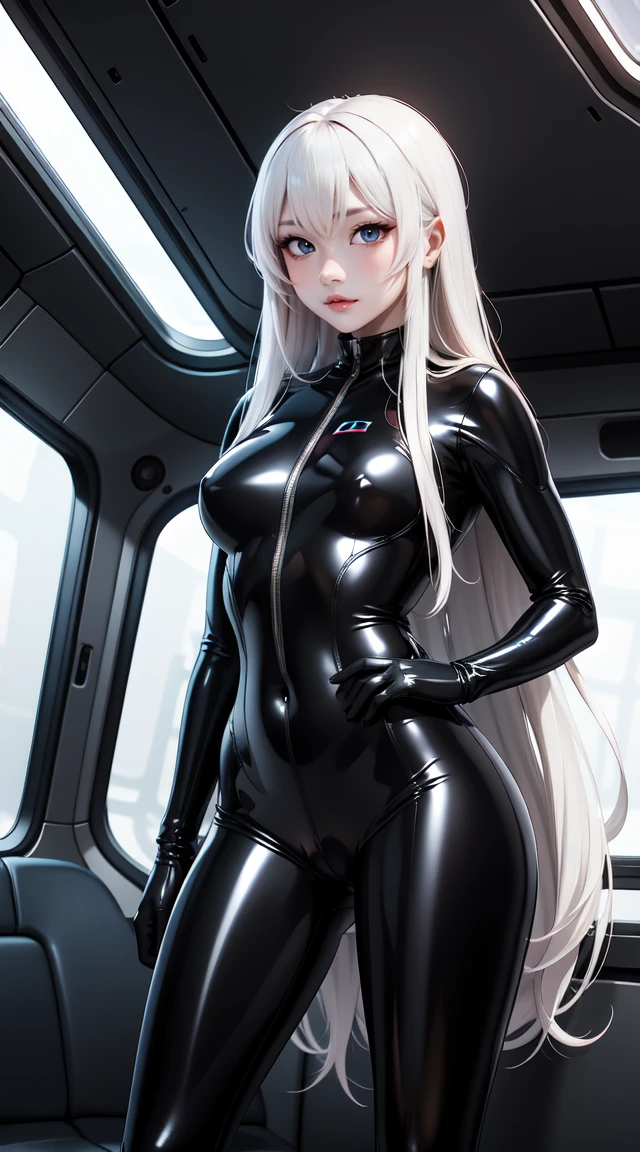(masterpiece:1.0), (best_quality:1.0), Standing at attention, I look at the viewer, 8 k, 1 girl, One, Anime character girl with long white hair wearing a black latex suit, thong, Beautiful , In a spaceship,