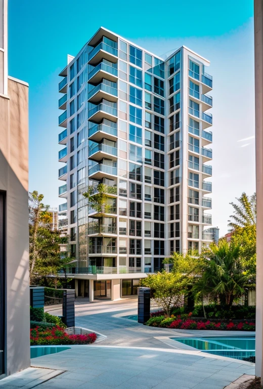 exterior of highrise apartment building, contemporary style, balconies, plants and flowers on balconies, vivid colour, beautiful landscape, stone pavement,cars, realistic, RAW photo, 8k uhd, dslr, soft lighting, high quality, film grain, Fujifilm XT3,masterpiece,