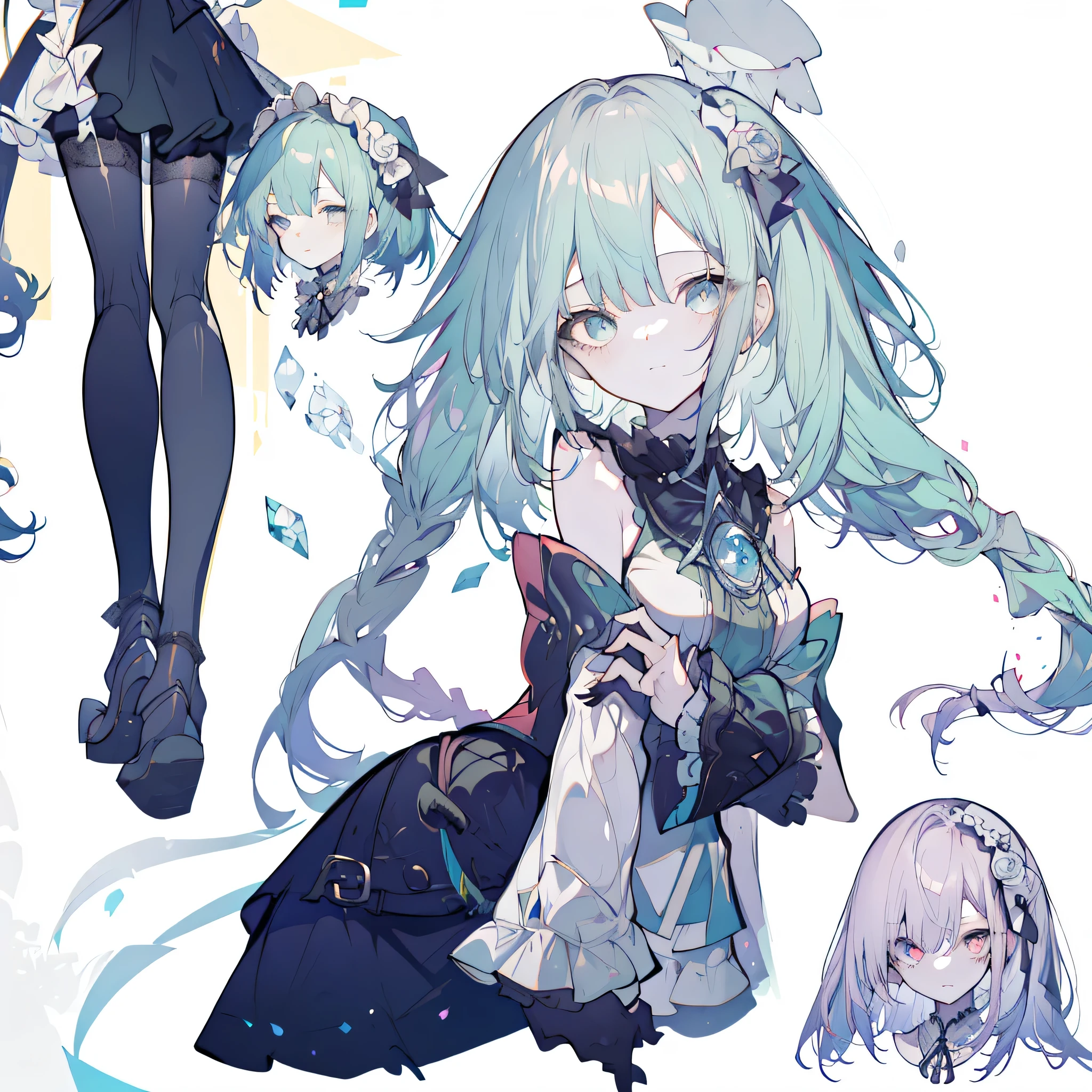 Three views of roles，Character Design，Character Design，Three Views，full body esbian，frontage，side，behind，sett，ta prostitute，so gorgeouaximalism，extreme details，Rococo style，super long hair，intricate accessories，Complex hairstyles，gem,blue hair,