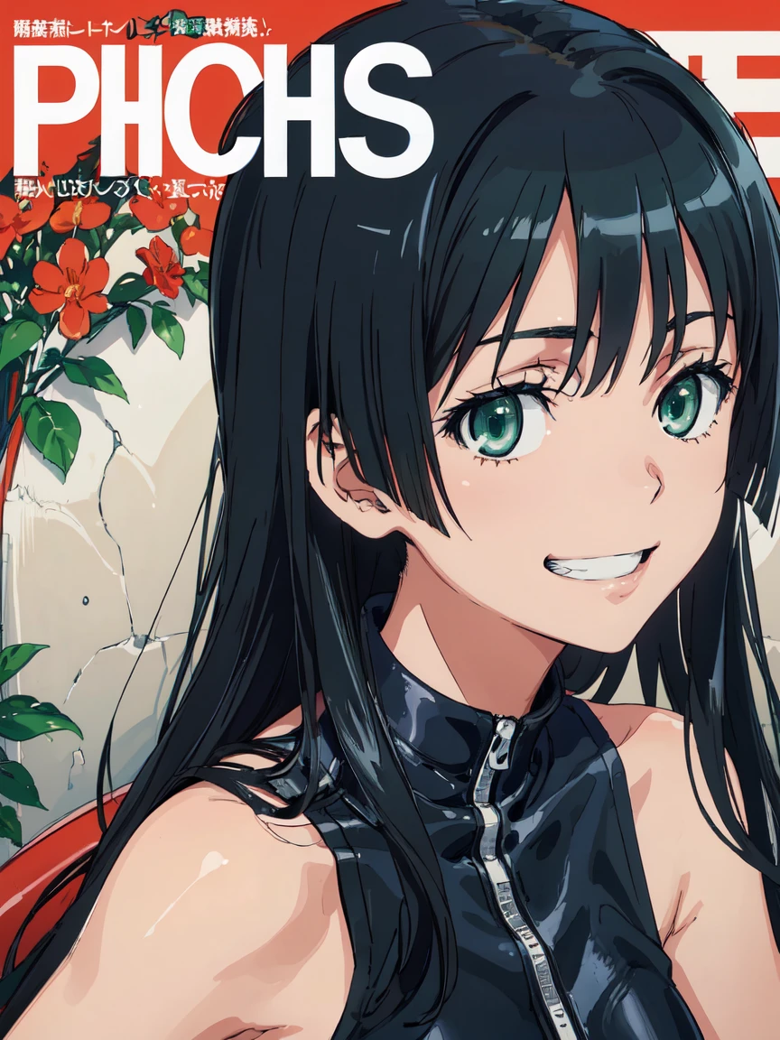 penthouse-cover, (High resolution:1.4), (masutepiece:1.2), (High quality:1.3) 1girl, saten ruiko, green eyes, long hair, black hair, small breast, grin