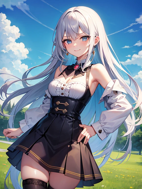 1girl, close eyes,silver hair,,smile, beautiful lighting, best quality, masterpiece, ultra highres, ice, (sky background:1.4), smile ,