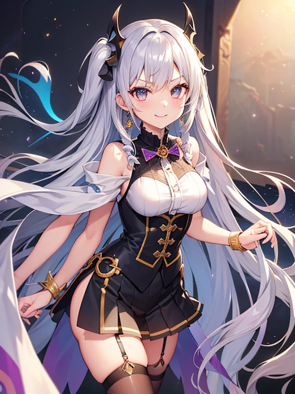(((Highest品質、masterpiece、Normal body、8k、Detailed face、Ultra-precision、Normal hand、通常のrefer to、5refer to、Highest)))Beautiful girl with gold and silver hair、Princess、Absolute existence、twilight dress、White and black skirt、Shiny Tiara、Metal Boots、Death's Scythe、Game Size、grim Reaperの鎌、disaster々New Size、disaster々aura、Reap the Soul、death penalty、grim Reaper、grim Reaper、collapsing universe、Dimensional Destruction、The End of the Galaxy、Ready for battle、Death's Scytheを振りかぶる、He lowered his waist, With a scythe in each hand、Swing it over your shoulder.、Brace your feet and move your hips.