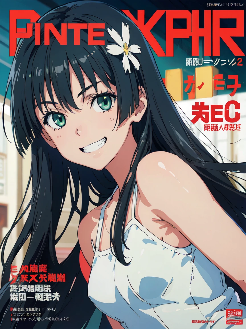 hustlercover, (High resolution:1.4), (masutepiece:1.2), (High quality:1.3) 1girl, saten ruiko, hair ornament, green eyes, long hair, black hair, bikini, huge smile