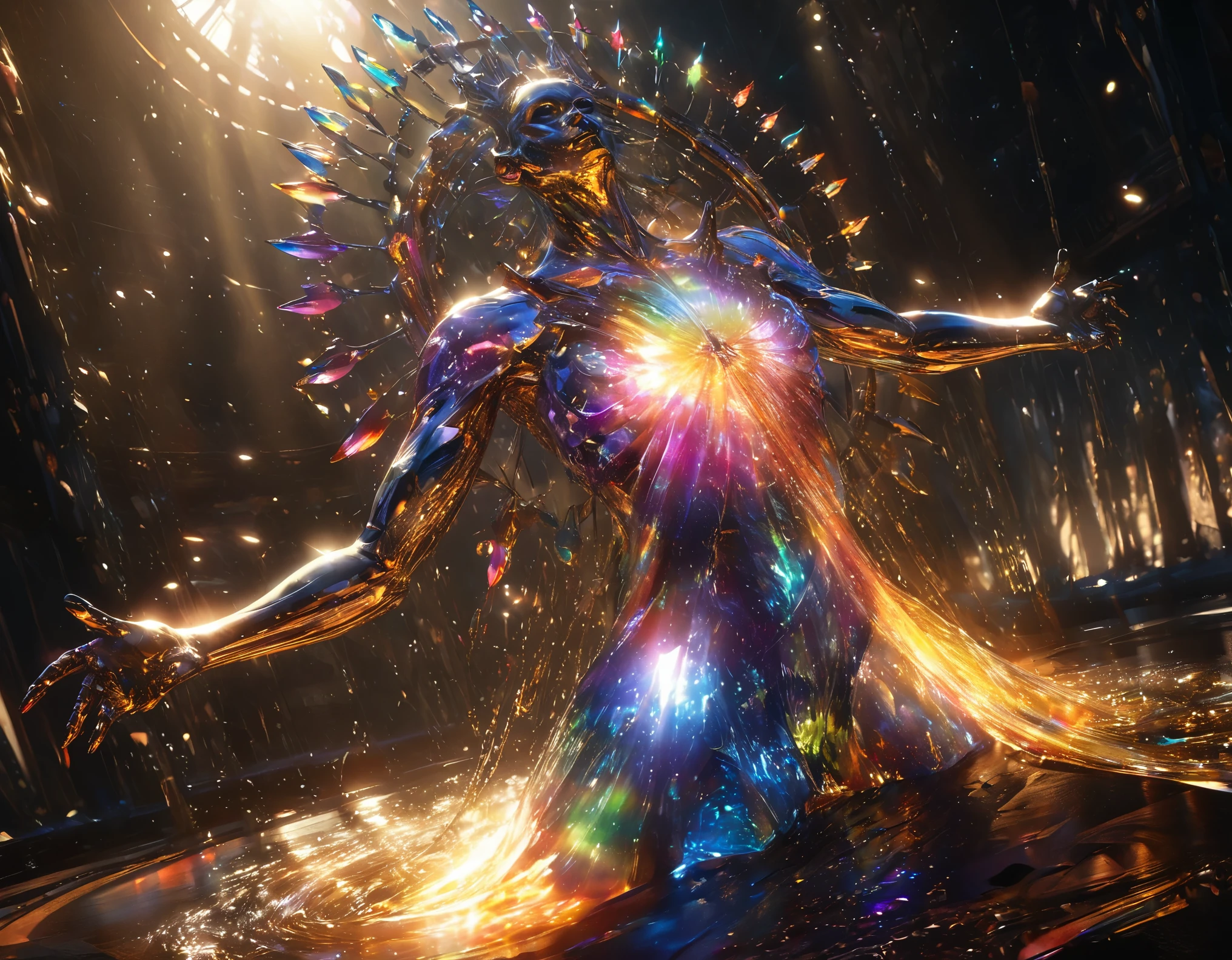 An ultra-realistic digital painting capturing The Amazing Digital Circus, featuring a central ferrofluid structure with glistening pearly dewdrops along its surface, exhibiting dynamic refraction and diffraction of light causing a myriad of colors, backlighting augmenting the fluid's sculpturesque form, dramatic lighting, ultra fine detail, octane rendering. rendered in Unreal Engine for a photorealistic effect. unforgettable impression, enhanced by volumetric lighting, auras, rays, with vivid color reflections