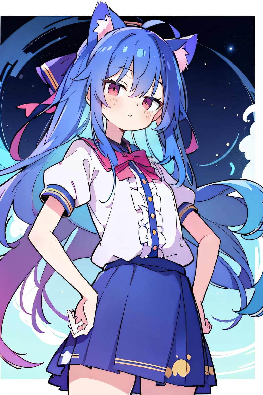 (masterpiece),best quality, expressive eyes, perfect face, 1girl,
 Put your hands on your waist,fair, Gorgeous,Japanese cartoons,girl,lola,Hina Angel, blue hair, blue haired, floating clothes,Grab your waist, Grab your waist, hands on hips , hands on hips,flat chest,cat ear,starry sky,