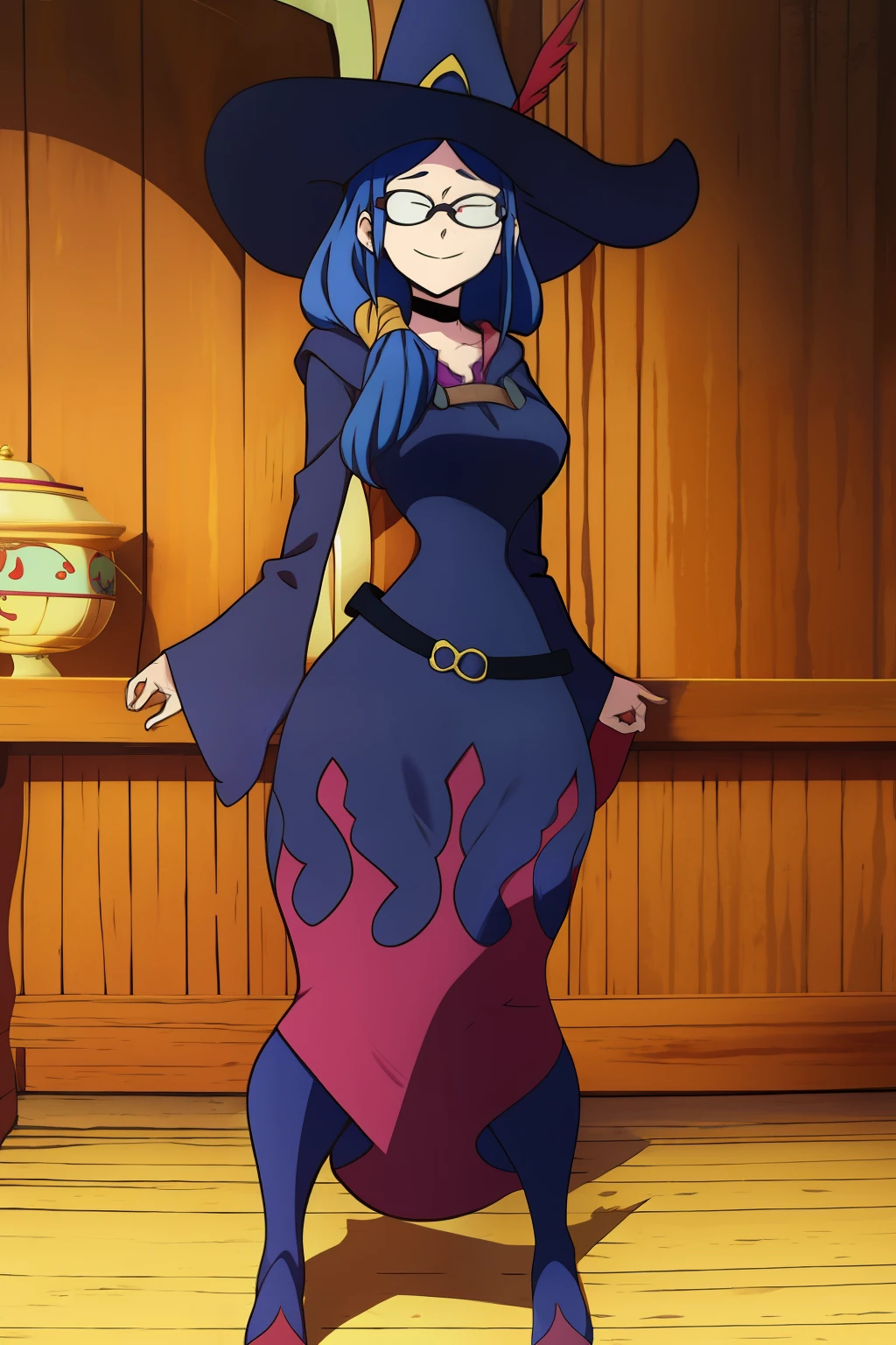 (best quality, top quality), masterpiece, best quality, ursula charistes, 1girl, solo, long hair, blue hair, red eyes, glasses, witch hat, witch, happy, dress, belt, long sleeves, large breasts, full body,