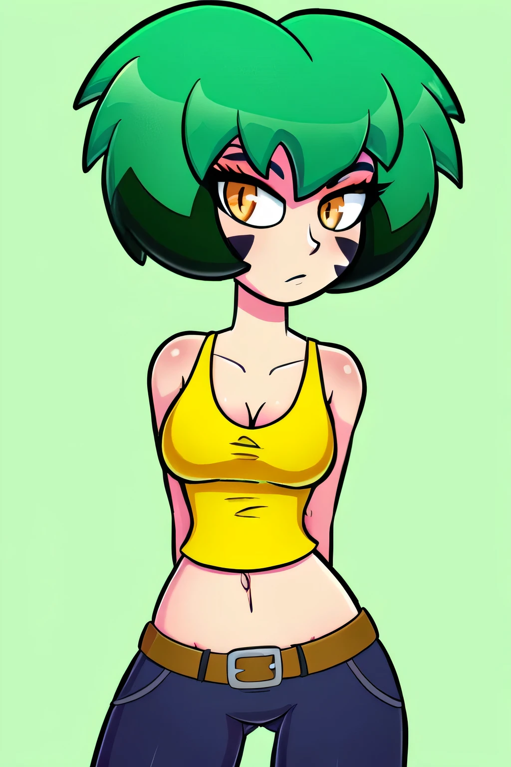 My name is Yashiro., I am a white test woman with long green hair , turquoise eye color . I am 1.62 cm tall and weigh 47 kg. My breasts measure 10 cm, my waist 40 cm and my hips 200 cm. Dressed in a tight, low-cut pink blouse along with short black shorts . With breasts 10 cm