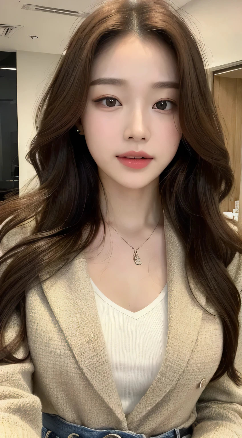 (highest quality, High resolution, masterpiece :1.3), tall and beautiful woman, thin abs,20 year old girl in Korea、Office Lady、Wonyoung、No bangs、Forehead、white skin、S-class beauty、Put your hands on your hair、Looks embarrassed、smile、 loose wavy dark brown hair, white tops、Beige tweed jacket,denim、Pearl necklace、 (modern architecture in the background), Precisely expresses details such as face and skin texture, fine eyes, double eyelid、