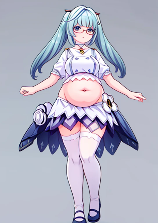 (masterpiece, best quality, highly detailed), 1girls, big belly, blurry background, huge belly, art by kipteitei, round belly, chubby, curvy, simple_background, gradient_background, belly grab, enormous belly, fat belly, thicc, bigger belly, really big belly, jiggly belly, shirt covering belly, belly cover by shirt, glasses, ((ta)), casual clothes, skirt, thighhighs, ((full body)), long hair