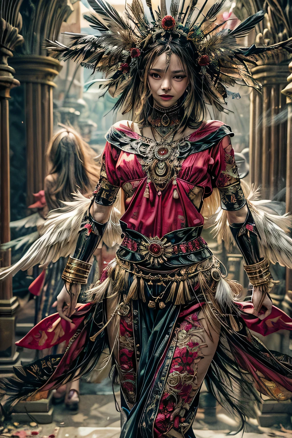 The scenes are atmospheric and open., ancient sacrificial images, Smoky and full of smoke, Birds in human costumes dance, Sunday Worship, (Detailed apparel details, Clothes with light details.), appeared softly, Detailed feather details, Complicated and complex visual sensation, (Filled with strange and mysterious images.), cloudy background, Photos are realistic, 8k,