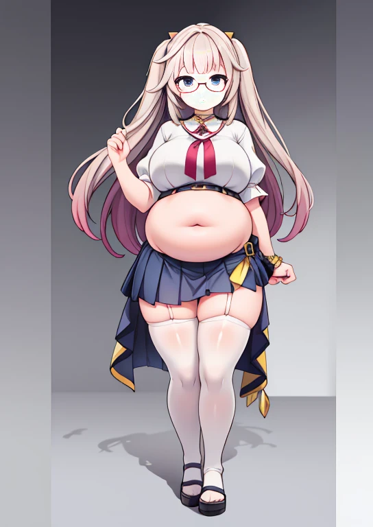 (masterpiece, best quality, highly detailed), 1girls, big belly, blurry background, huge belly, art by kipteitei, round belly, chubby, curvy, simple_background, gradient_background, belly grab, enormous belly, fat belly, thicc, bigger belly, really big belly, jiggly belly, shirt covering belly, belly cover by shirt, glasses, ((lolita)), casual clothes, skirt, thighhighs, ((full body)), long hair