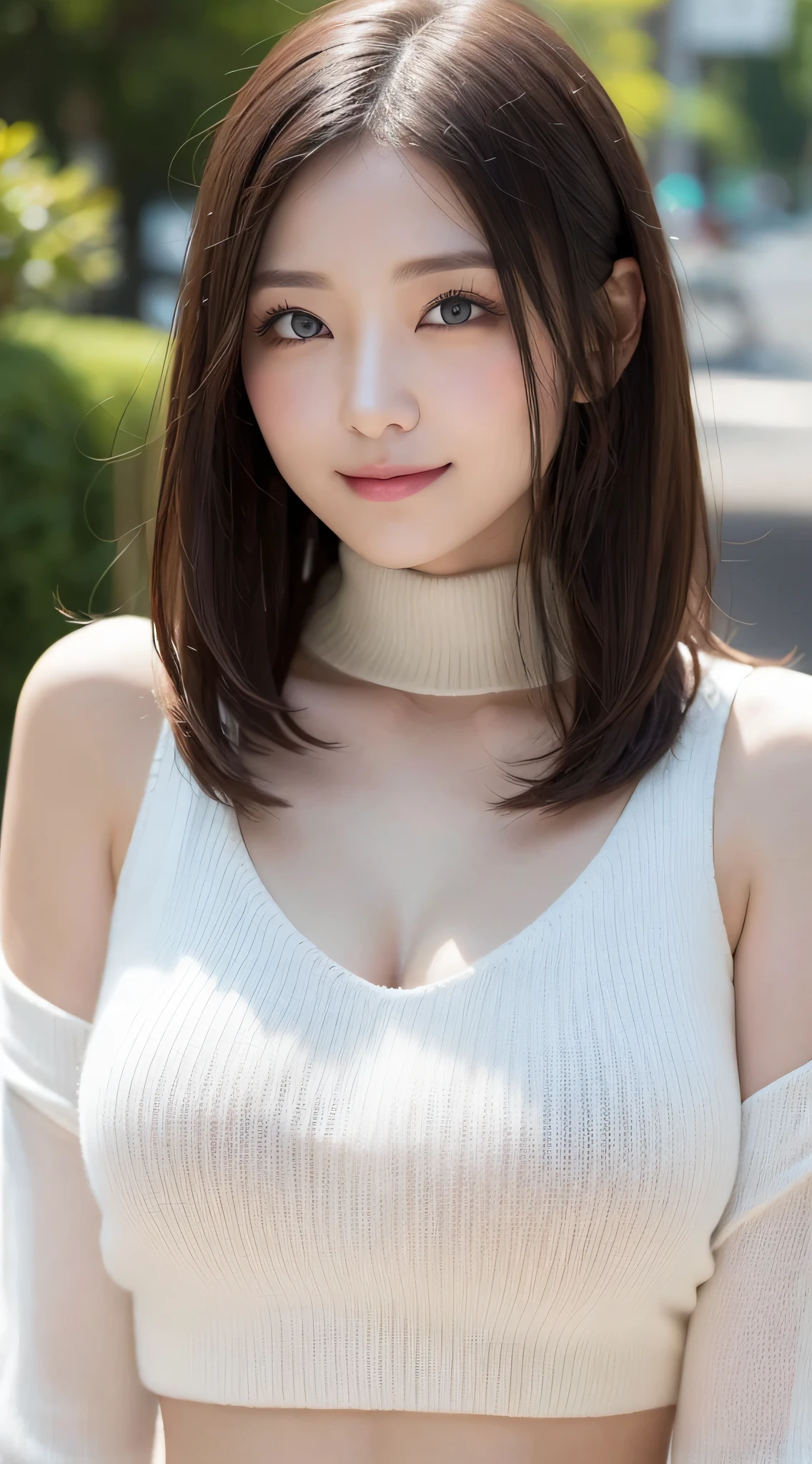 masutepiece, Best Quality, Photorealsitic, finely detail, hight resolution, 8K Wallpapers, Perfect dynamic composition, Beautiful detailed eyes, Medium Hair, large full breasts, Random and sexy poses,Bring your chest together、(Open Chest Mock Neck Crop Tank Top White Knitwear Clear Clave)、(Breast bulge 1.2)、A smile、open open mouth、Resort scenery、25-years old、(Drooping eyes 1.4)、Adult beauty、japanes
