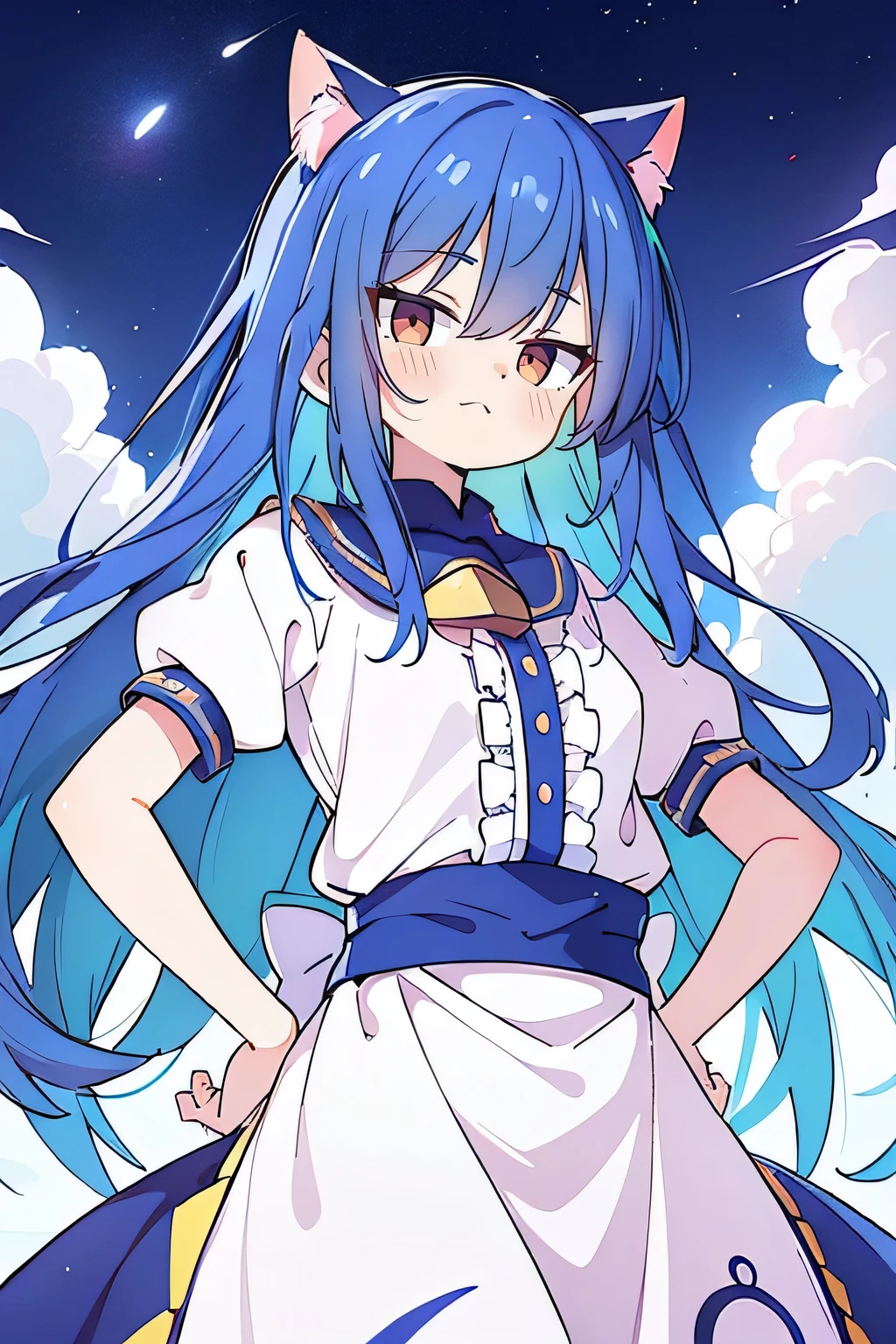 (masterpiece),best quality, expressive eyes, perfect face, 1girl,
 Put your hands on your waist,fair, Gorgeous,Japanese cartoons,girl,lola,Hina Angel, blue hair, blue haired, floating clothes,Grab your waist, Grab your waist, hands on hips , hands on hips,flat chest,cat ear,starry sky,