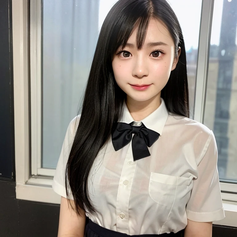 (kawaii 24 year-old Japanese girl, Nogizaka idol, Korean idol), (glossy black hair, random hair style:1.3), (extra rounded face, single eyelid, no makeup, soft smiling:1.2), (wearing Japanese school uniforms, collared shirt, school bow tie:1.3), (well shaped extra small breasts:1.2), (looking at viewer:1.2), BREAK, (classroom background, standing by the window:1.3), (dynamic angle, face focus:1.3), BREAK, (masterpiece, best quality, photo realistic, official art:1.4), (UHD, 8K quality wallpaper, high resolution, raw photo, film grain:1.2), (shiny skin), professional lighting, physically based rendering, award winning, (perfect anatomy, highly detailed skin, extremely detailed face and eyes, well drawn glittering pupils), Carl Zeiss 85 mm F/1.4, depth of field, 1girl, solo,