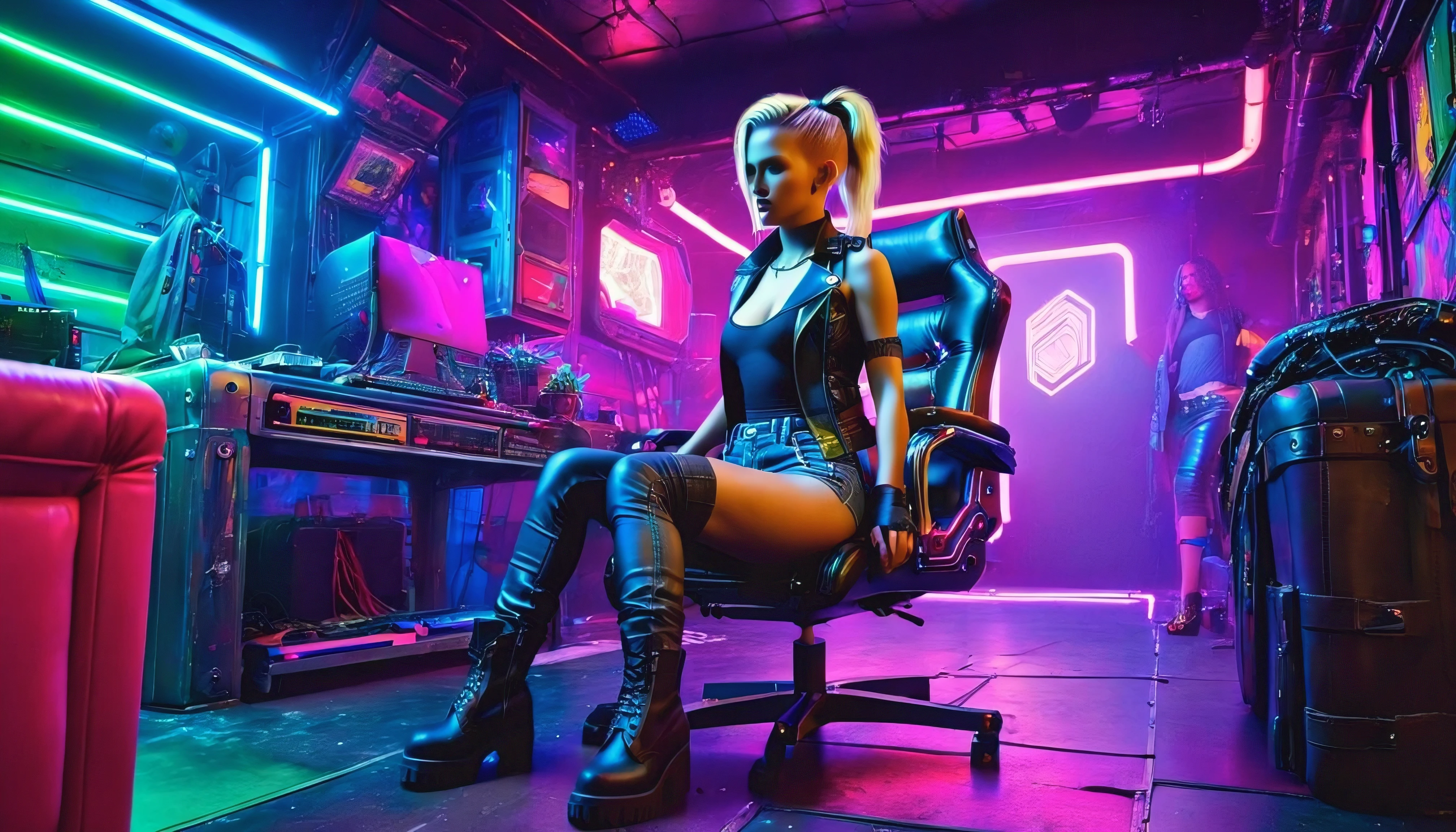 realistic, a futuristic cyberpunk hackerspace at night with many computer parts laying around, green and purple and yellow and pink neon and LED lights, a large dark red leather armchair standing in the middle of the room, on the chair sits a flat chested girl teasing the viewer, legs spread, dark blue worn down cutoff jeans miniskirt, dirty old black leather SAS boots, torn olive tank top, undressing her very worn black leather jacket, blonde hair with a slight pink undercut