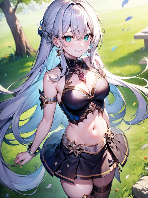 {{Eroge,CG Game,High quality CG Game},{{{1girl in}}},{{masutepiece}}, {{{Best Quality}}}, {{Very detailed}}, {{Illustration}} , ,{{magical girl}},brooch,,,, {{messy hair}},,Big hair, Gradient Hair,Medium breasts,,,Drill Hair, {pocket watch},unreasonably long hair, Dreadlocks, Silver hair, Silver hair, Silver hair, Gradient hair,((Evil smile)), v-shaped_eyebrows, zettai_ryouiki,,,, floral print and pleated skirt. Add accessories like fringed earrings or a statement necklace.、Complete the look. Gathering on the grassland with adventurers,fantasy grassland background,((Shoulders and arms open)),(Evil smile),Furious,Evil smile,