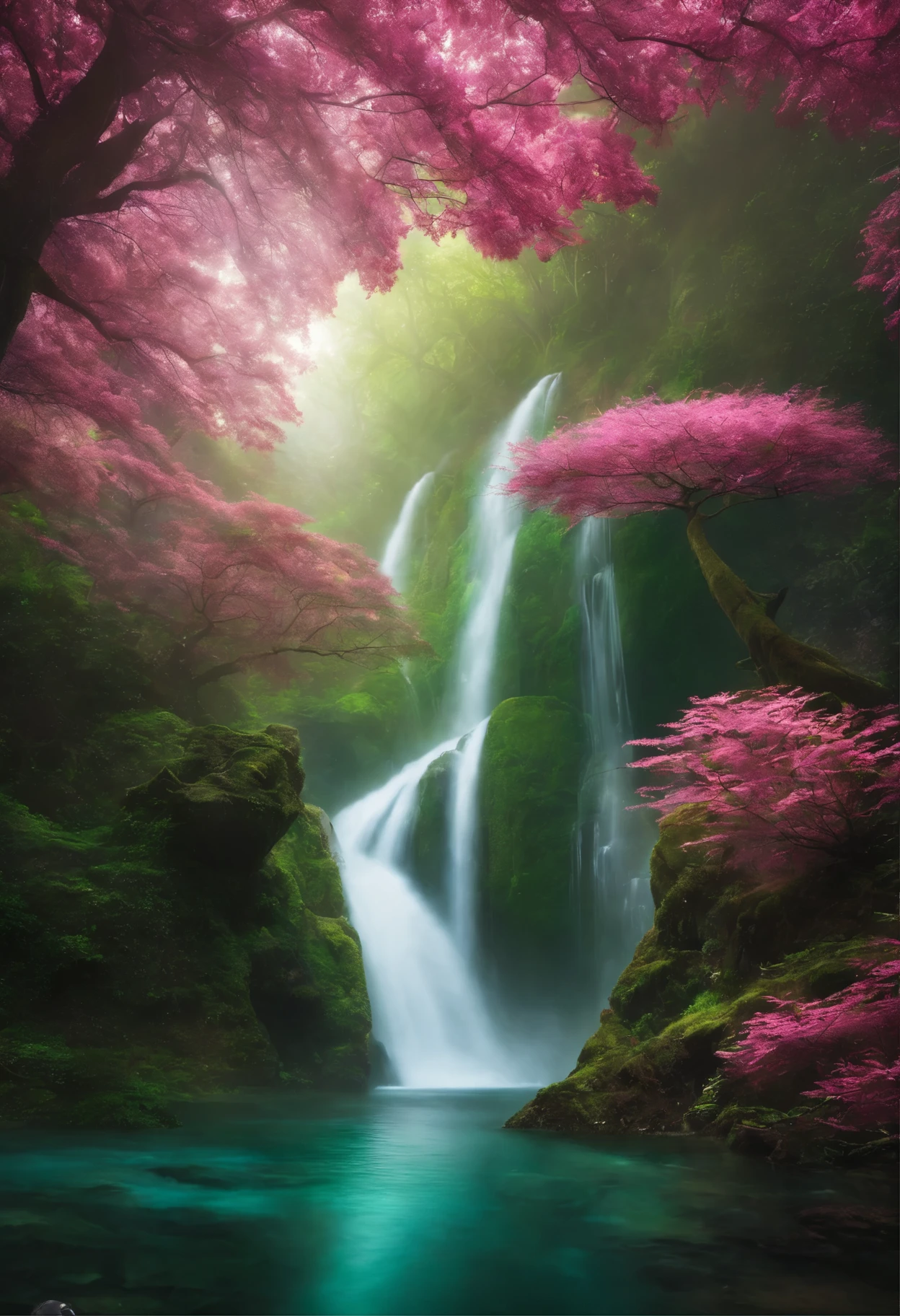 Imagine a world where emerald green forests stretch on forever., towering tree々teeth、Decorated with bioluminescent leaves that give off a soft glow。, Otherworldly brilliance. far away, A huge waterfall cascading down from a floating island, Crystal clear water that sparkles like liquid diamond. 上の空teeth魅惑的な深い紫のブレンドです, pink, And gold, Two moons hanging in perfect harmony. strange, A rainbow-colored creature with stained-glass wings flies through the sky, 後にteethきらめく塵の跡が残る. この超現実的な風景にteeth魅惑と神秘の感覚が浸透しています, An invitation to exploration and adventure. Explaining the intricate details of this magical world.