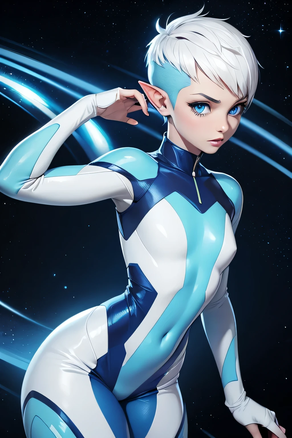 Beautiful alien woman with bright blue skin, short white hair that is shaved on the sides, blue eyes, pointed ears, a flat chest, and wide hips. Wearing a sci-fi space suit.