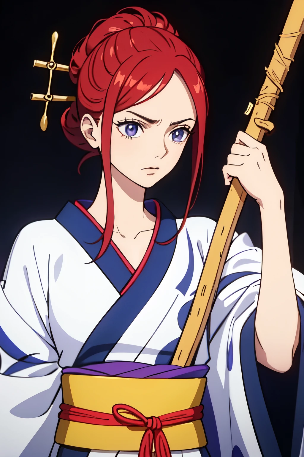 ((Melhor qualidade)), ((obra de arte)), (detalhado), rosto perfeito, mulher de pele branca, medium and red hair, lindos olhos castanhos escuros, serious look, long purple kimono with a silver star symbol, faixa preta na cintura, cicatriz no lado esquerdo do queixo, holding a wooden stick in his right hand.