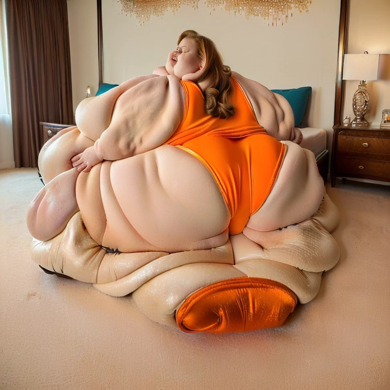 Best quality, Photo-realistic, perfectly proportioned, young, sexy, seductive, (((anatomically accurate))), ((one immense obese woman)), (wavy blonde hair), (((photo-realistic fat skin))), ((cellulite)), (((pretty face:1.3))), (((realistic face))), (((immobile:1.3))), (((body weight 15,280 pounds))), ((huge deep cleavage)), ((super massive wide hips:1.5)), (((even thighs))), (((in pajamas))), ((luxury villa, abstract art on the wall, lots of plants, ((on a bed)), (((huge round belly spreads her legs apart))), (((feet on floor))), ((((mammoth belly flowing to the floor)))), (((more obese than humanly possible))), waitress, (wearing short tight orange shorts, white tank_top), (view from behind:1.2)