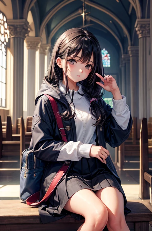 Crea una chica, cabello ondulado, cabellos dorados, reluciente, mirada determinada hacia el espectador, con ropa elegante, a la entrada de una capilla, capilla inmensa, capilla con muchos detalles, capilla estilo gotico, la chica usa abrigo de cuero, falda elegante, la chica usa medias y zapatos de tacon, la chica sostiene un bolso entre sus manos 