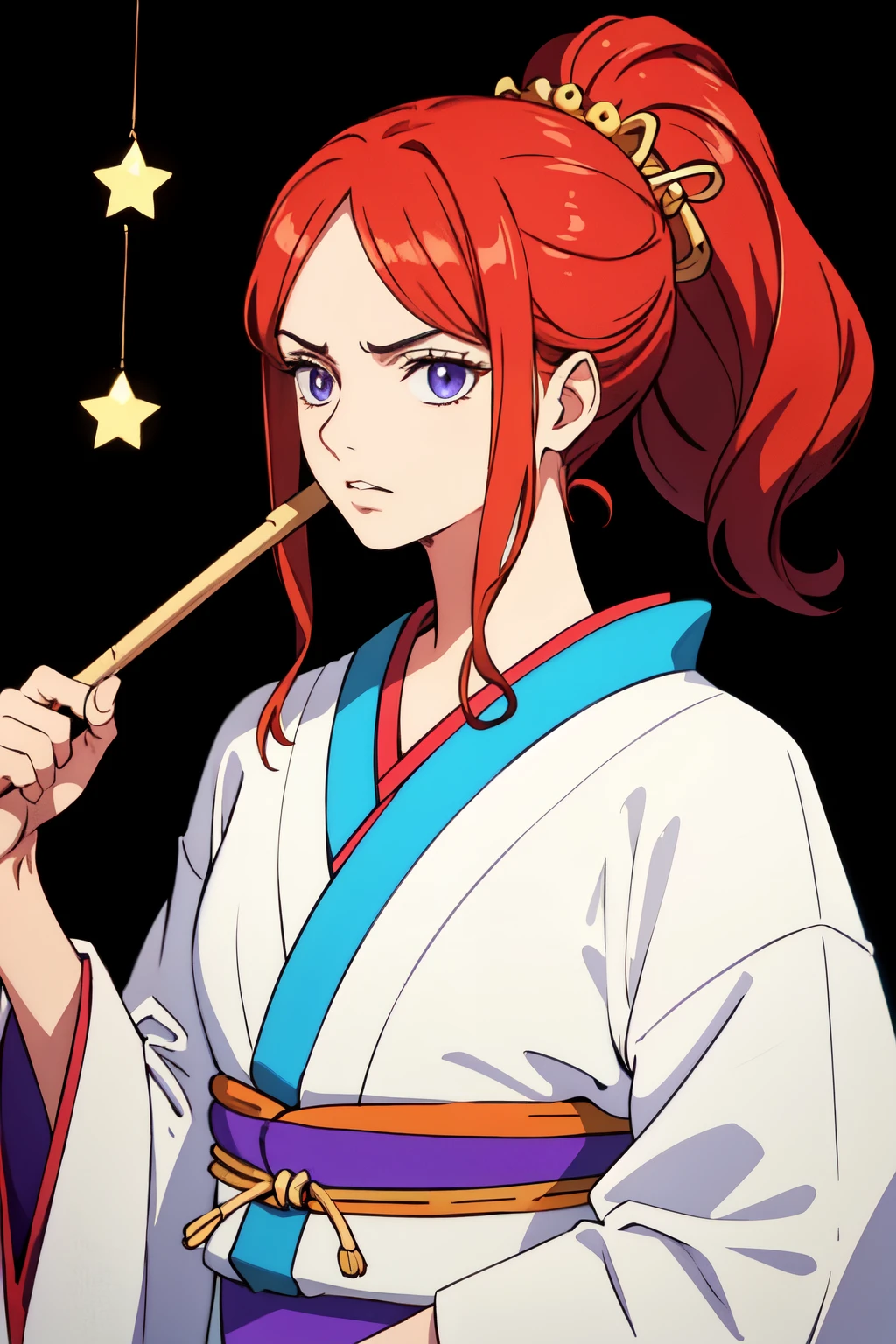 ((Melhor qualidade)), ((obra de arte)), (detalhado), rosto perfeito, mulher de pele branca, medium and red hair, lindos olhos castanhos escuros, serious look, long purple kimono with a silver star symbol, faixa preta na cintura, cicatriz no lado esquerdo do queixo, holding a wooden stick in his right hand.