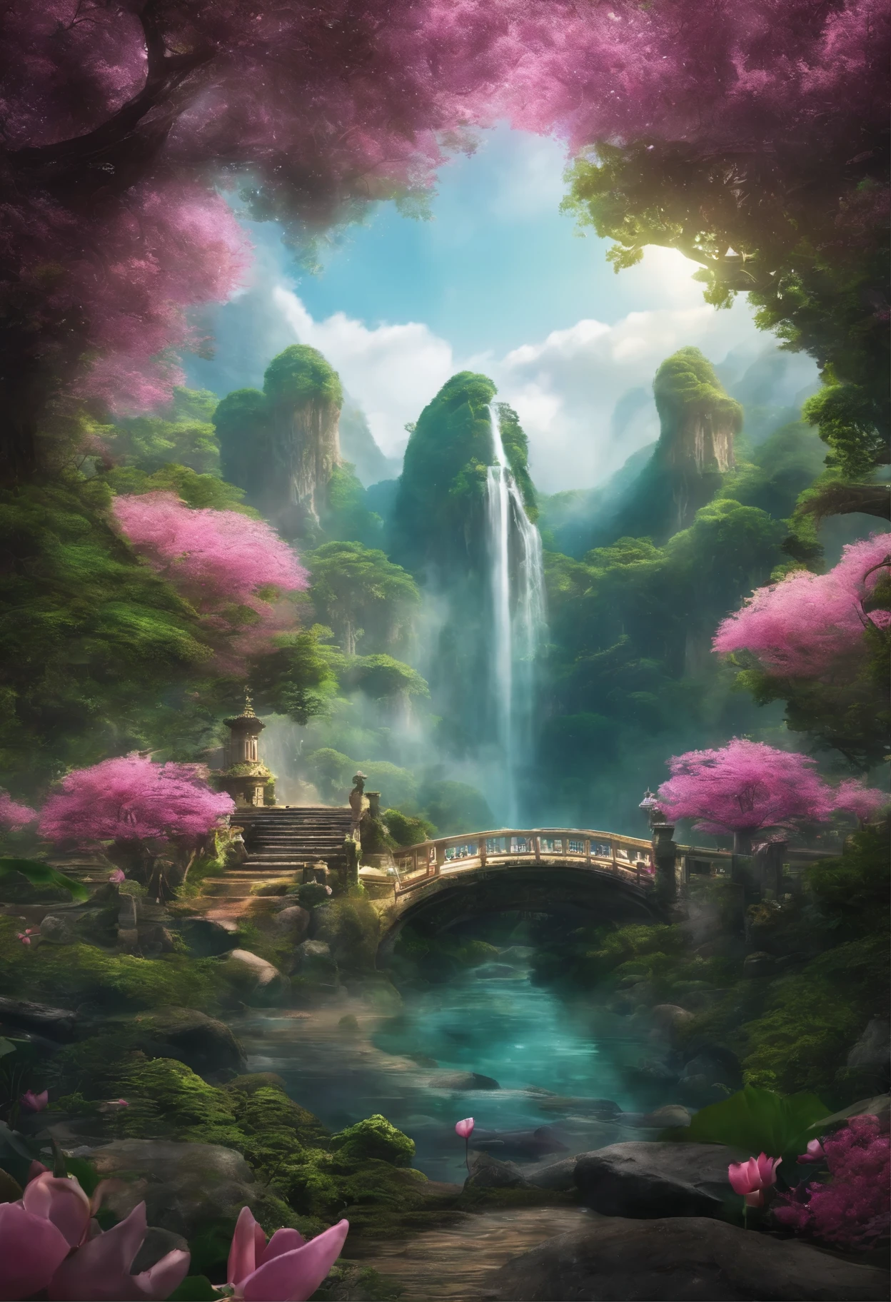 Imagine a world where emerald green forests stretch on forever., towering tree々teeth、Decorated with bioluminescent leaves that give off a soft glow。, Otherworldly brilliance. far away, A huge waterfall cascading down from a floating island, Crystal clear water that sparkles like liquid diamond. 上の空teeth魅惑的な深い紫のブレンドです, pink, And gold, Two moons hanging in perfect harmony. strange, A rainbow-colored creature with stained-glass wings flies through the sky, 後にteethきらめく塵の跡が残る. この超現実的な風景にteeth魅惑と神秘の感覚が浸透しています, An invitation to exploration and adventure. Explaining the intricate details of this magical world.