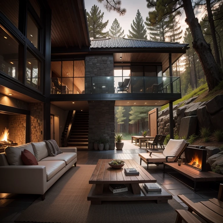 a living room with a fireplace，There is a sofa in front of the stone wall, Modern house in the woods, Simple wooden house, Deluxe HD rendering, house in forest, Dark and modern, stunning rendering, Luxurious environment, High quality rendering, luxcore rendering, Luminance rendering, luxury building, High quality rendering