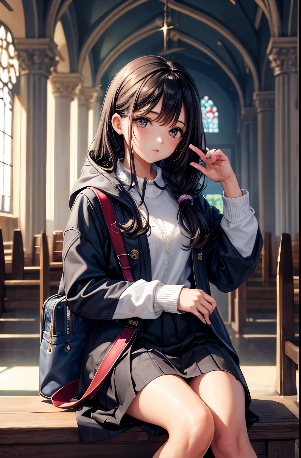 Crea una chica, cabello ondulado, cabellos dorados, reluciente, mirada determinada hacia el espectador, con ropa elegante, a la entrada de una capilla, capilla inmensa, capilla con muchos detalles, capilla estilo gotico, la chica usa abrigo de cuero, falda elegante, la chica usa medias y zapatos de tacon, la chica sostiene un bolso entre sus manos 
