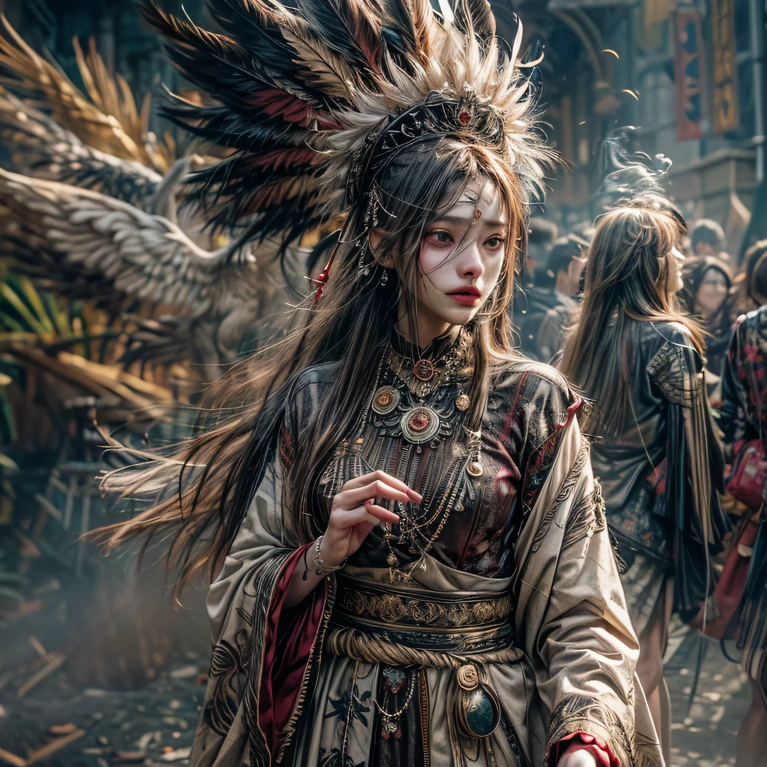 The scenes are atmospheric and open., ancient sacrificial images, Smoky and full of smoke, Birds in human costumes dance, Sunday Worship, (Detailed apparel details, Clothes with light details.), appeared softly, Detailed feather details, Complicated and complex visual sensation, (Filled with strange and mysterious images.), cloudy background, Photos are realistic, 8k,