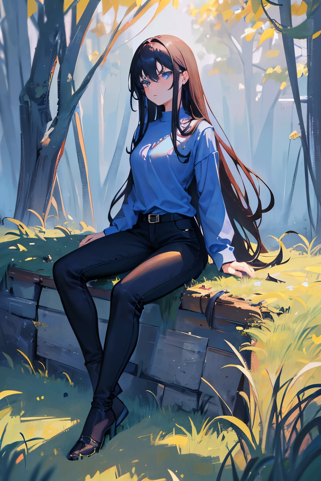 1girl, Black straight long hair, Blue eyes, (Detailed face), Full body, ((intense Blue shirt), medieval, (Grasslands bakcground), masterpiece, black pants,