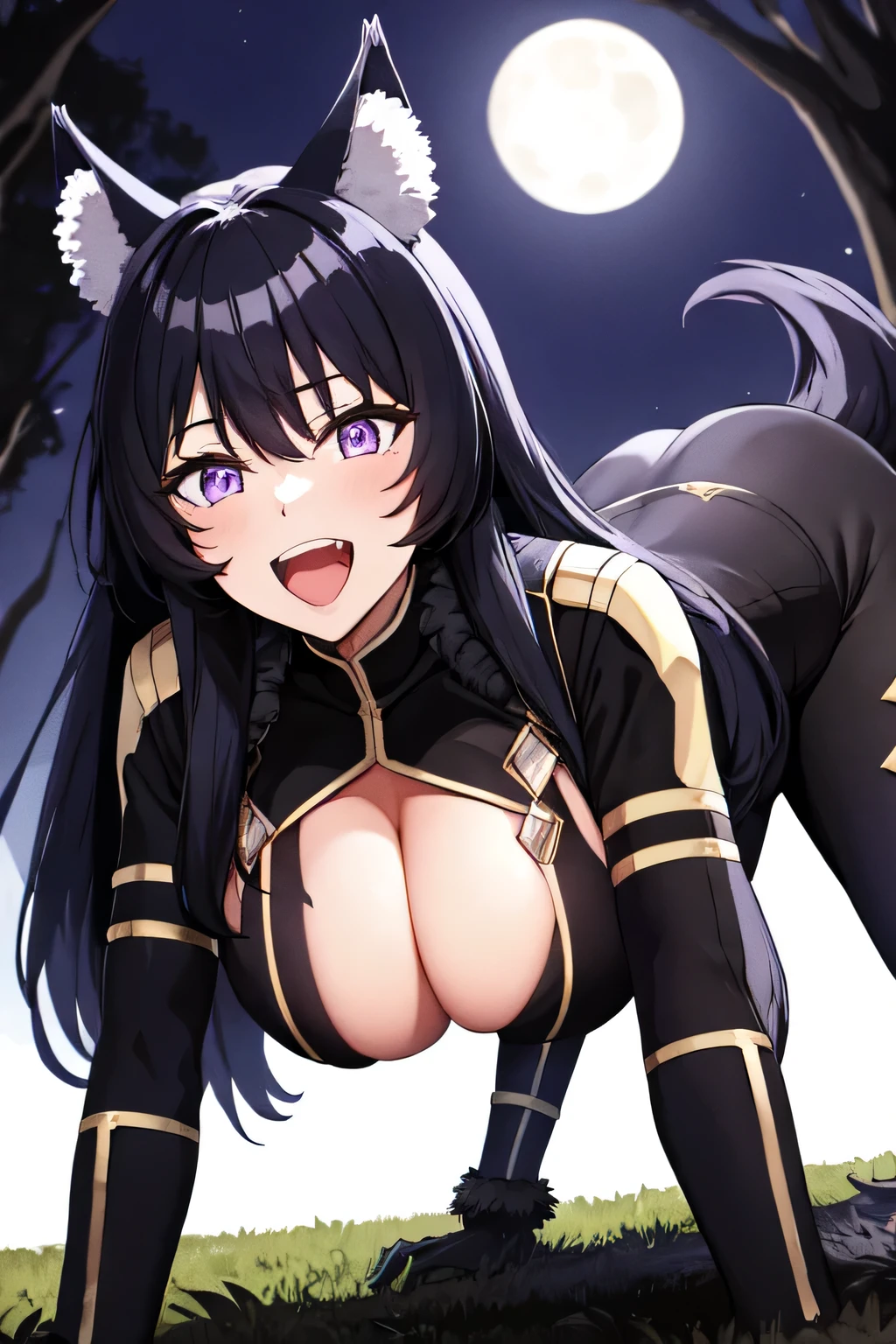 masterpiece, highest quality, delta, black hair, wolf ears, black bodysuit, cleavage cutout, gold trim, belly button, black pants, black gloves, fur trim, big breasts, crawl on all fours, from below, open your mouth, tooth, smile, looking at the viewer, forest, night sky