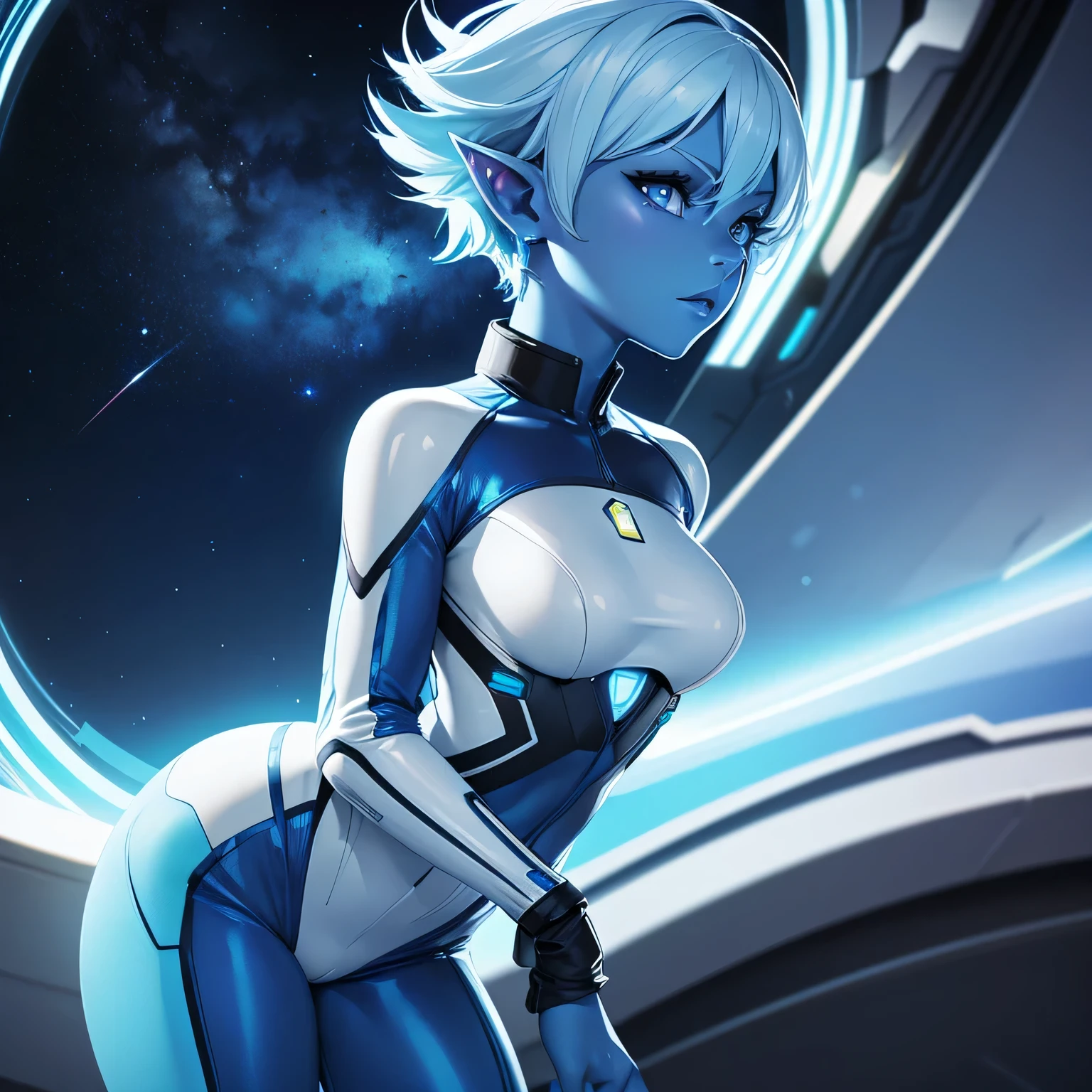 Beautiful alien woman with bright blue skin, short white hair that is shaved on the sides, blue eyes, pointed ears, a flat chest, and wide hips. Wearing a sci-fi space suit. ((bright blue skin))