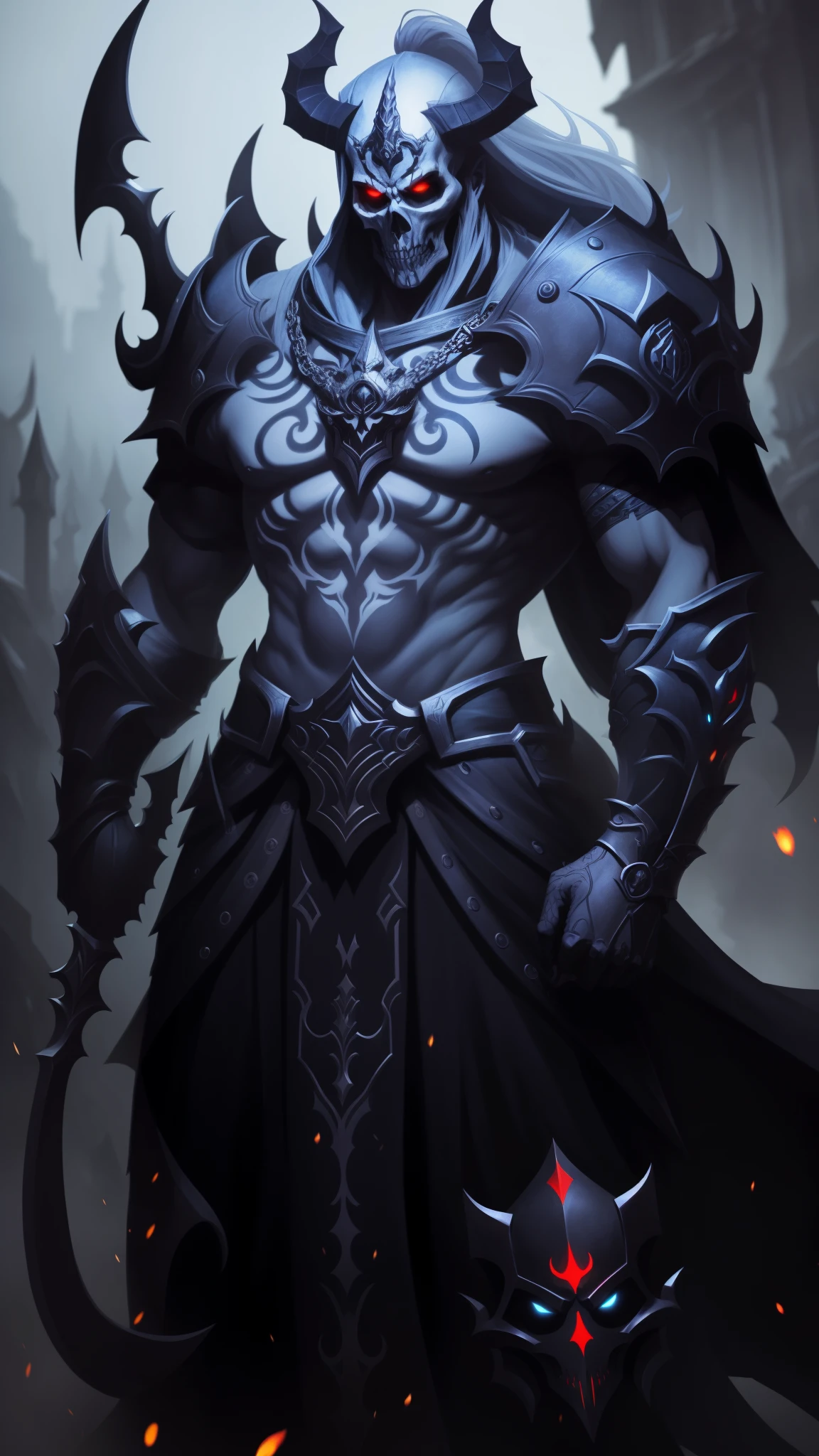 a closeup of a person in a demonic costume, demon soul concept art, diablo digital concept art, hermoso dios masculino de la muerte, Dark fantasy style art., armadura de demonio, tendencia en artstation, por Yang J., diablo concept art, Detailed 2D digital fantasy art, demonio masculino humano, sartén chengwei en artstation, Caballero de la muerte