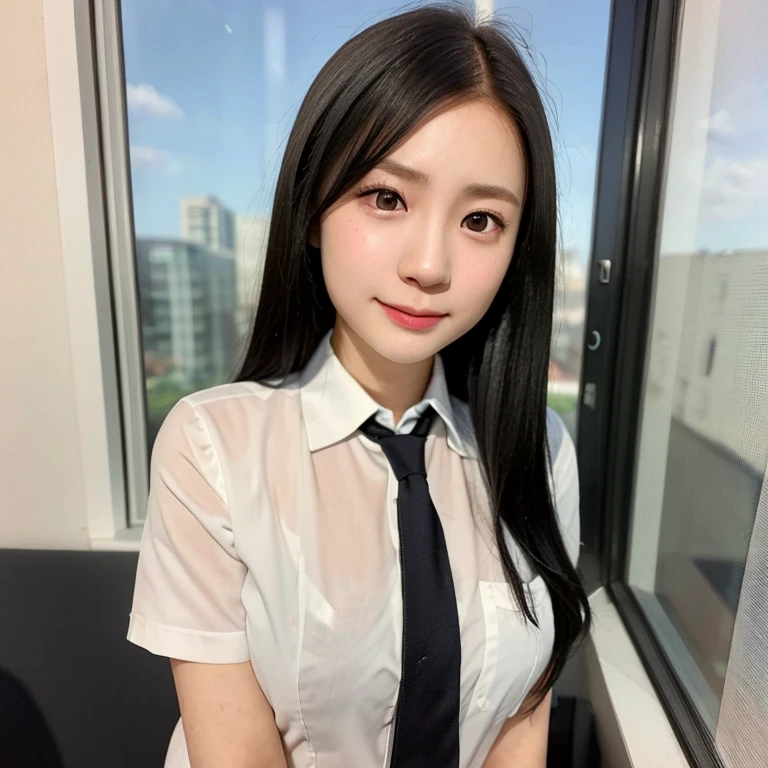 (kawaii 24 year-old Japanese girl, Nogizaka idol, Korean idol), (glossy black hair, random hair style:1.3), (extra rounded face, single eyelid, no makeup, soft smiling:1.2), (wearing Japanese school uniforms, collared shirt, necktie:1.3), (well shaped extra small breasts:1.2), (looking at viewer:1.2), BREAK, (classroom background, standing by the window:1.3), (dynamic angle, face focus:1.3), BREAK, (masterpiece, best quality, photo realistic, official art:1.4), (UHD, 8K quality wallpaper, high resolution, raw photo, film grain:1.2), (shiny skin), professional lighting, physically based rendering, award winning, (perfect anatomy, highly detailed skin, extremely detailed face and eyes, well drawn glittering pupils), Carl Zeiss 85 mm F/1.4, depth of field, 1girl, solo,