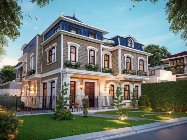 (Neoclassic  house ,close houses and trees), (Neoclassic  style architecture) daylight ( best quality) ((high solution)) ,(( photo realistic)) ,warm light,  soft lighting, warm atmosphere,high Resolution, hyper detailed,4k ,vray render, octane render, hyper realistic, photography expert ,exterior design , professional photography, exterior photography,wide-angle shot , ultra detail , high Resolution , full frame, full body