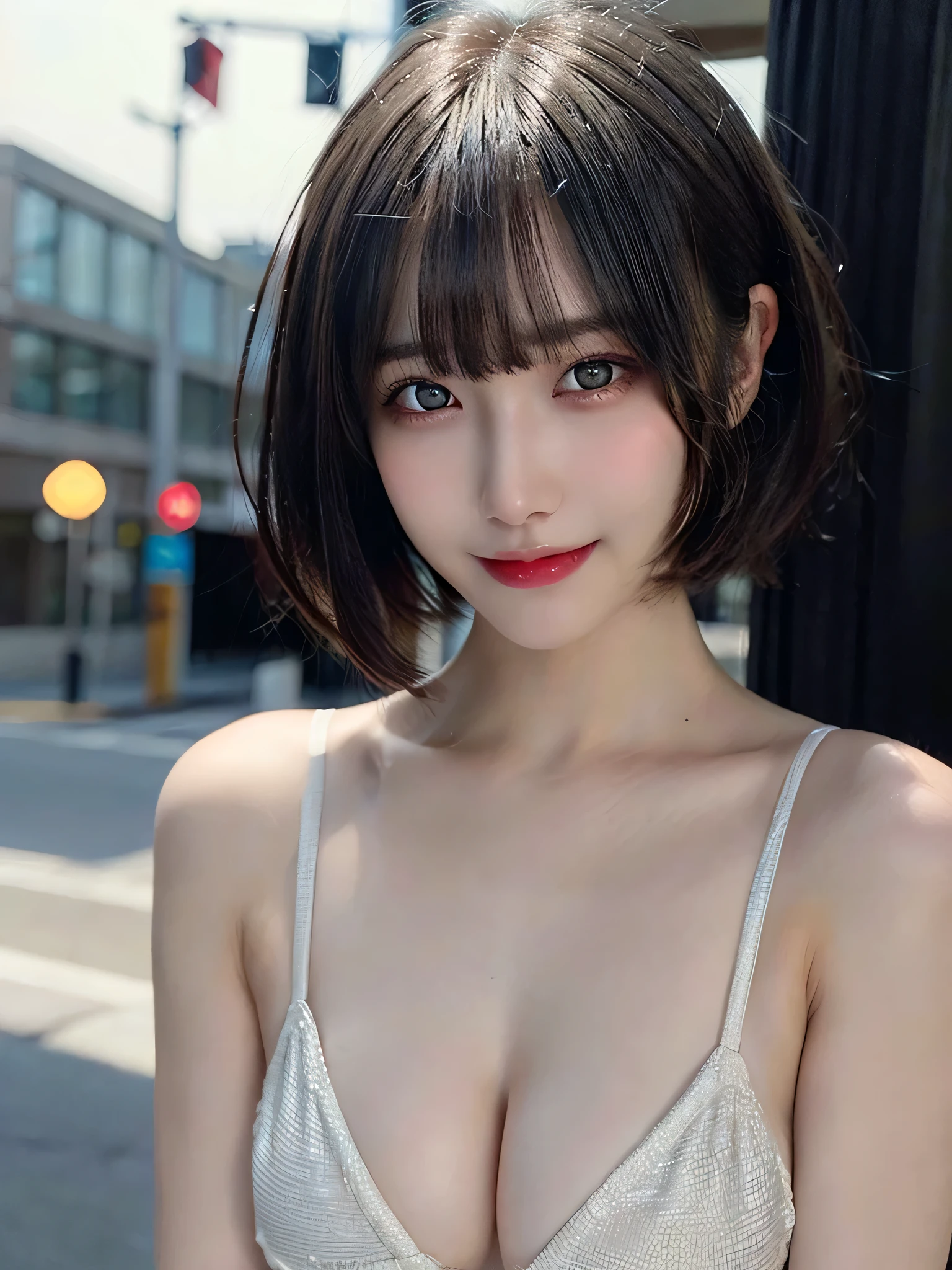 (8k), (best quality), (masterpiece:1.3), (realistic), (photorealistic:1.36), ultra-detailed, cinema lights,white bikini,smile,
1girl, solo, (((dark short cut hair with bangs))), (finely detailed beautiful amber eyes: 1.2), lustrous skin, show Clavicle, perfect skin, (adult face:1.2), (medium_breasts:1.3),