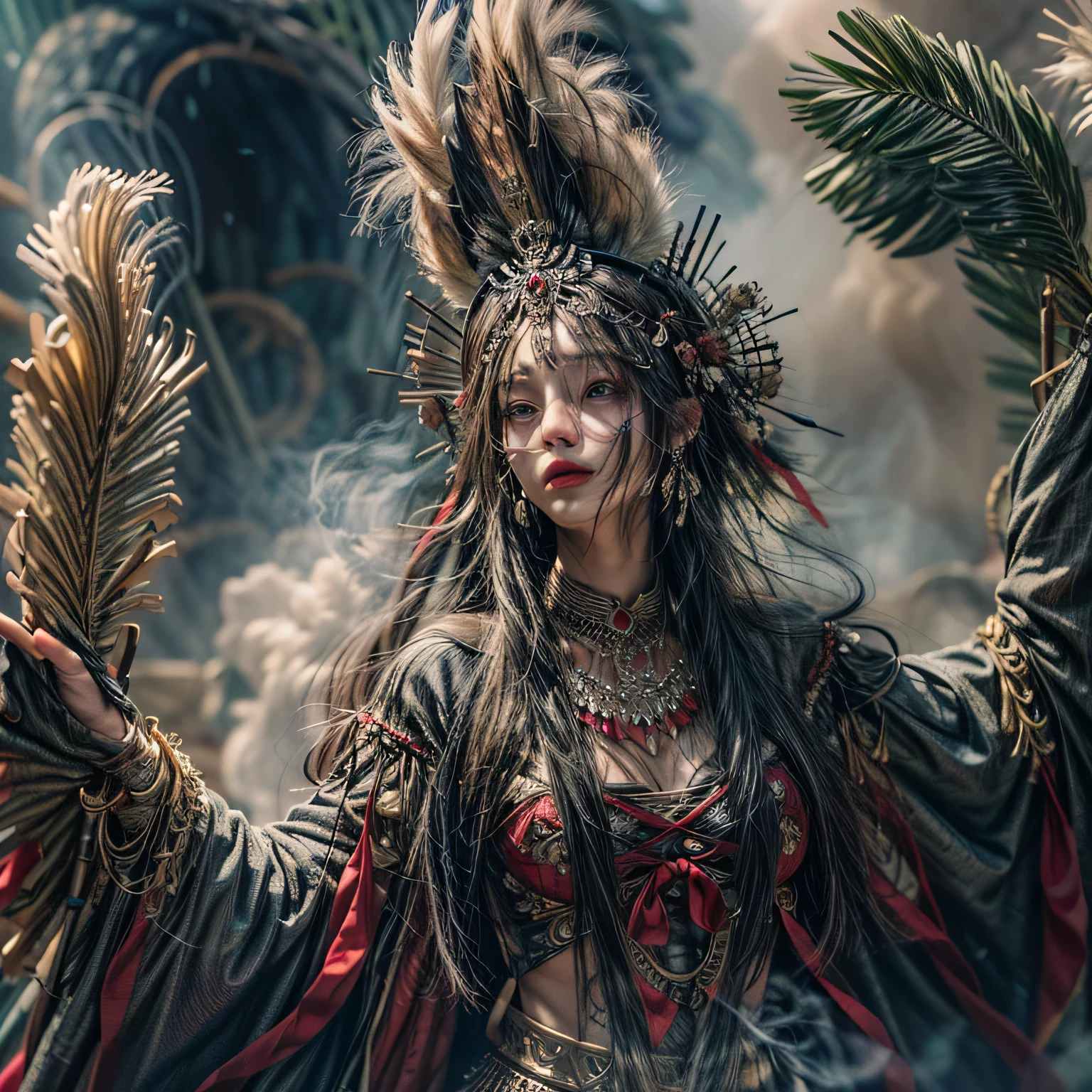 The scenes are atmospheric and open., ancient sacrificial images, Smoky and full of smoke, Birds in human costumes dance, Sunday Worship, (Detailed apparel details, Clothes with light details.), appeared softly, Detailed feather details, Complicated and complex visual sensation, (Filled with strange and mysterious images.), cloudy background, Photos are realistic, 8k,