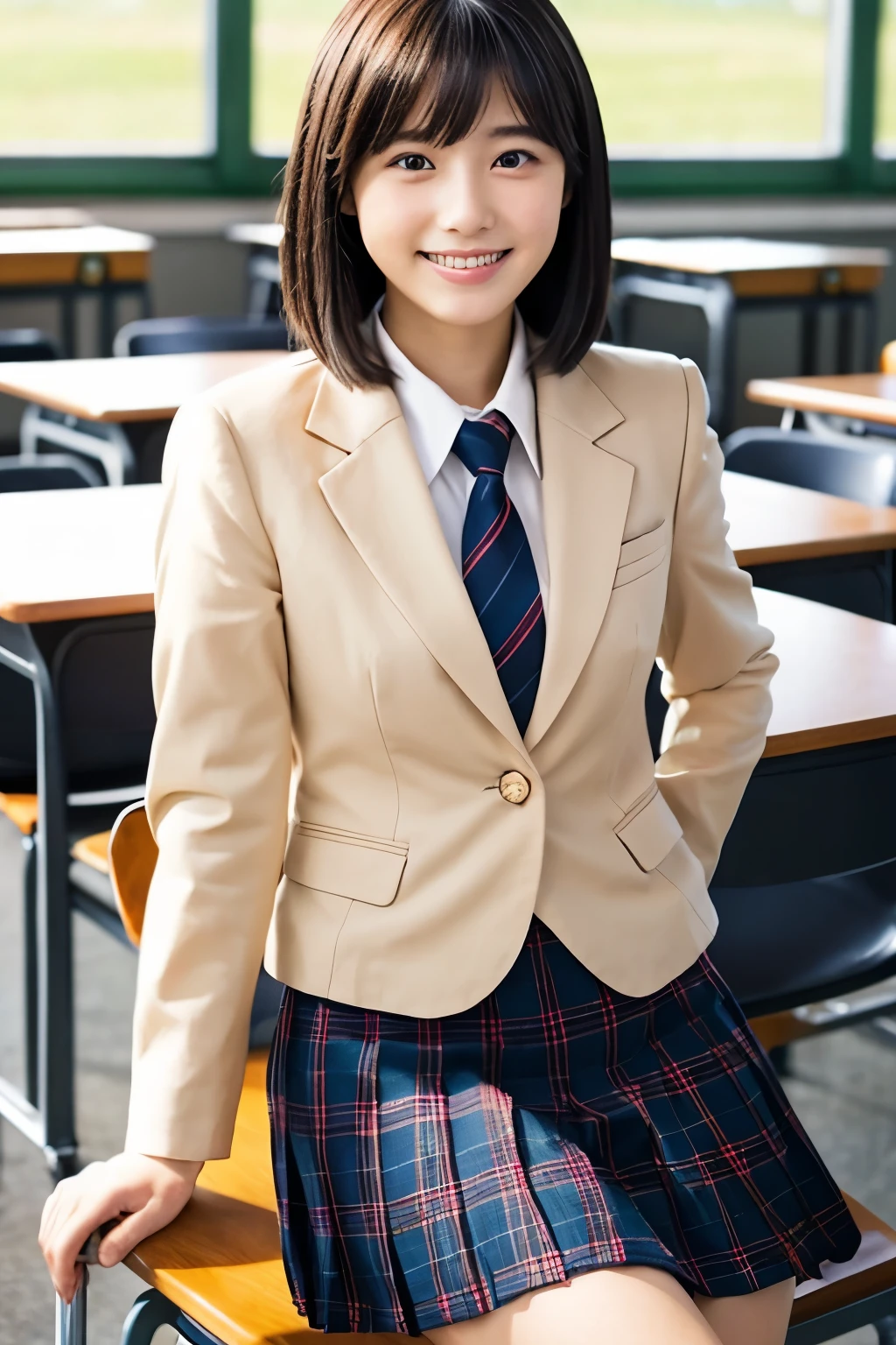 Photorealistic taste、Japanese high school girl 17 years old、black hair、short hair、blazer uniform、tie、plaid skirt、The background is an after-school classroom at a high school in Tokyo.、The time zone is15About time、Sitting on a chair in the classroom、Smiling and talking with a female friend、(highest quality))
